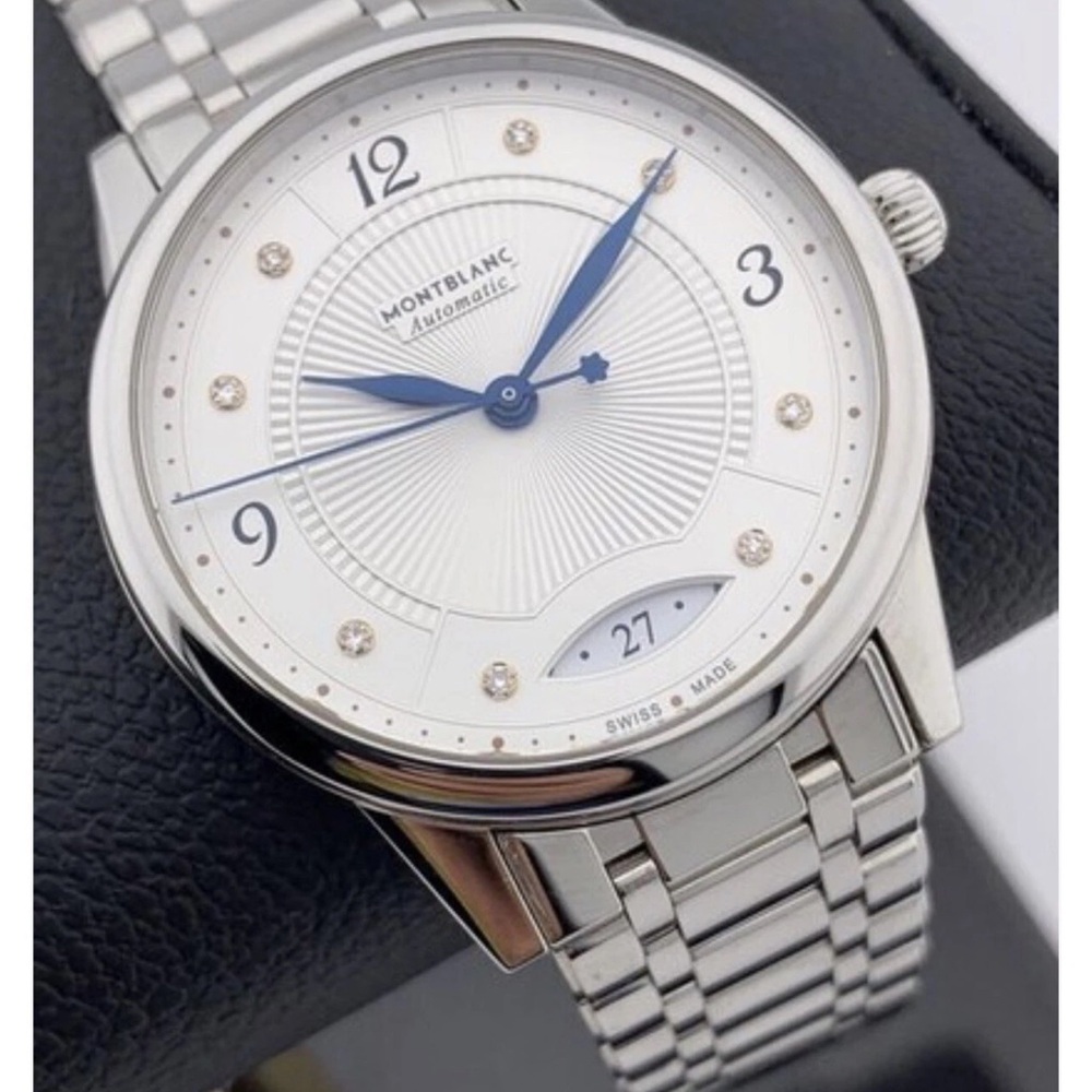 Montblanc Silver Watch with White Dial and Blue Accents